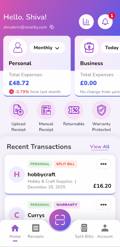 Receitly app home screen